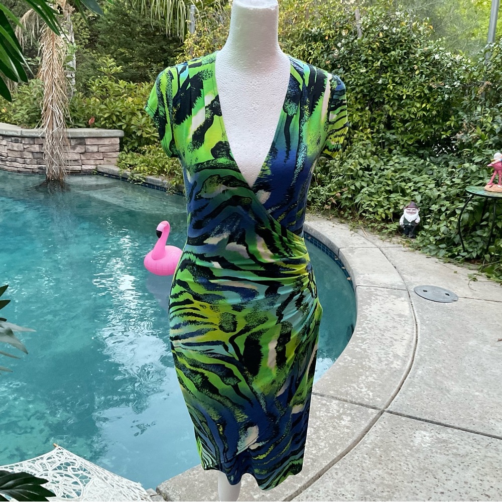 Cache ruched bodycon blue green leaf floral v neck Dress Hawaiian theme Size S